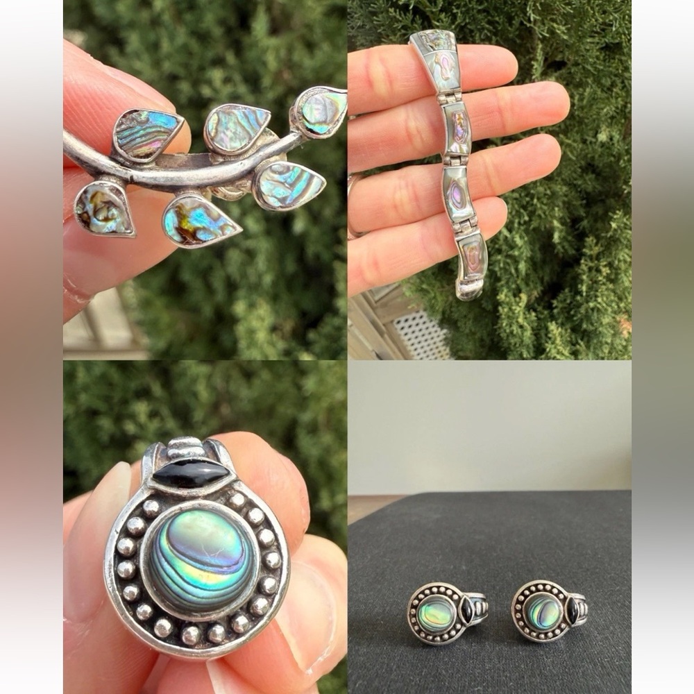 Vintage Abalone Jewelry Set Of 3 Bracelet, Earrings Alpaca, Mexican 925 Silver